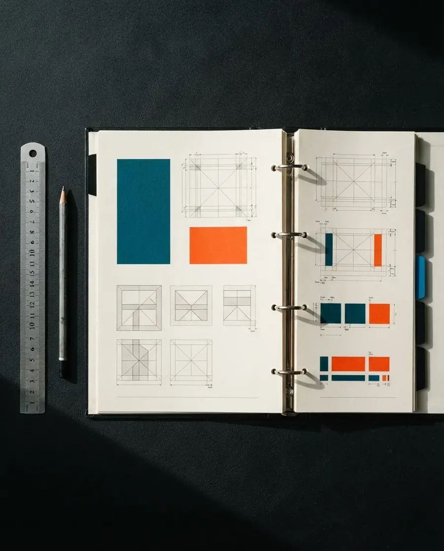 Un classeur de charte graphique ouvert sur ses pages de couleurs et de grilles