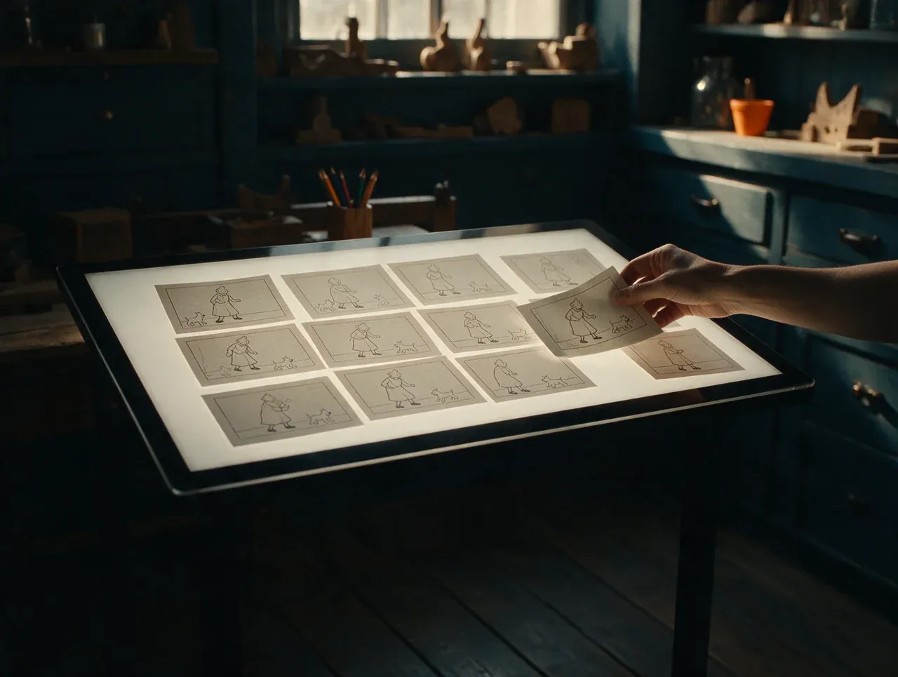 Des vignettes d’une séquence alignées sur une table lumineuse
