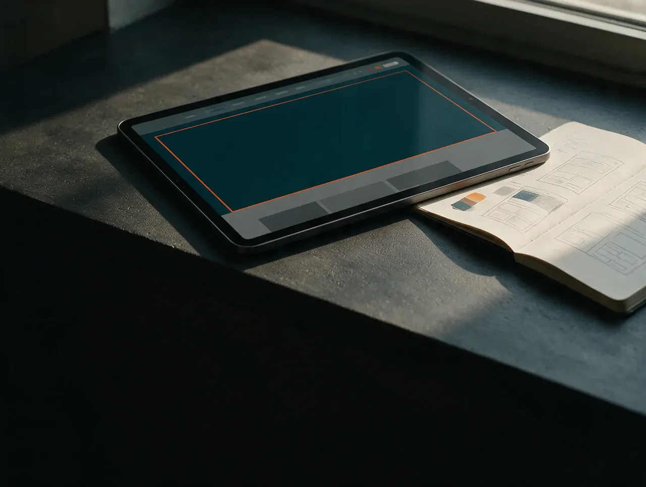 Une tablette affichant une mise en page à côté d’un carnet de croquis d’interface