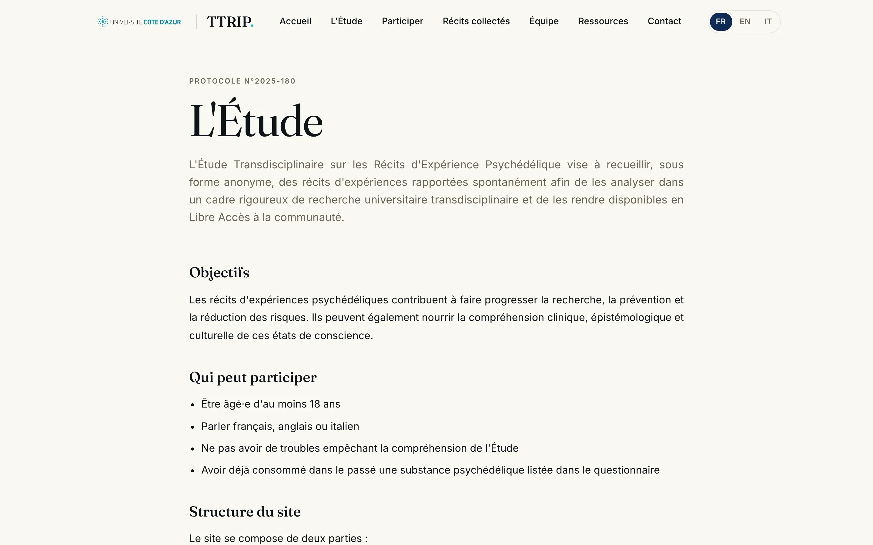 La page de présentation du protocole