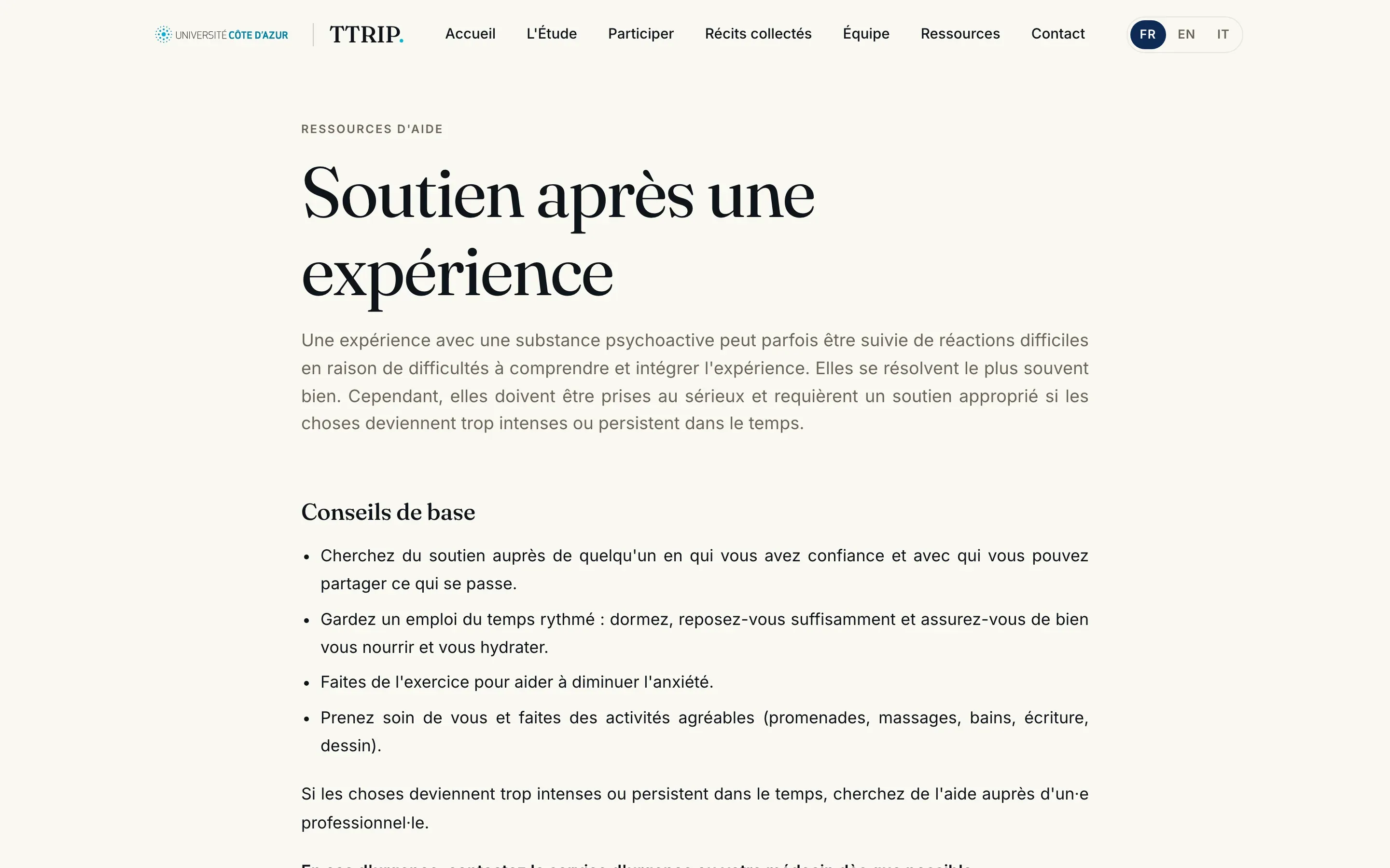 La page des ressources d’aide